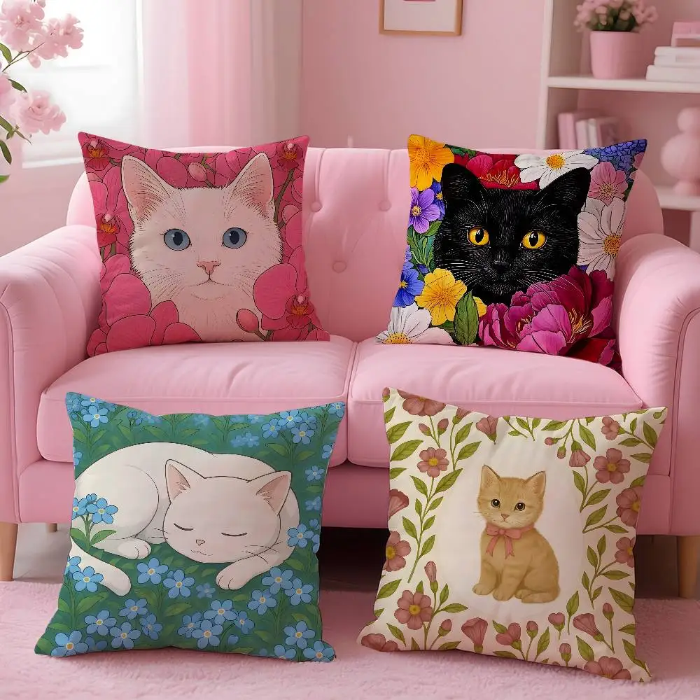 Cat in the flowers aesthetic Pillow Case Anti-dustmite Pillow Invisible zipper silky short plush Sofa cushion cover