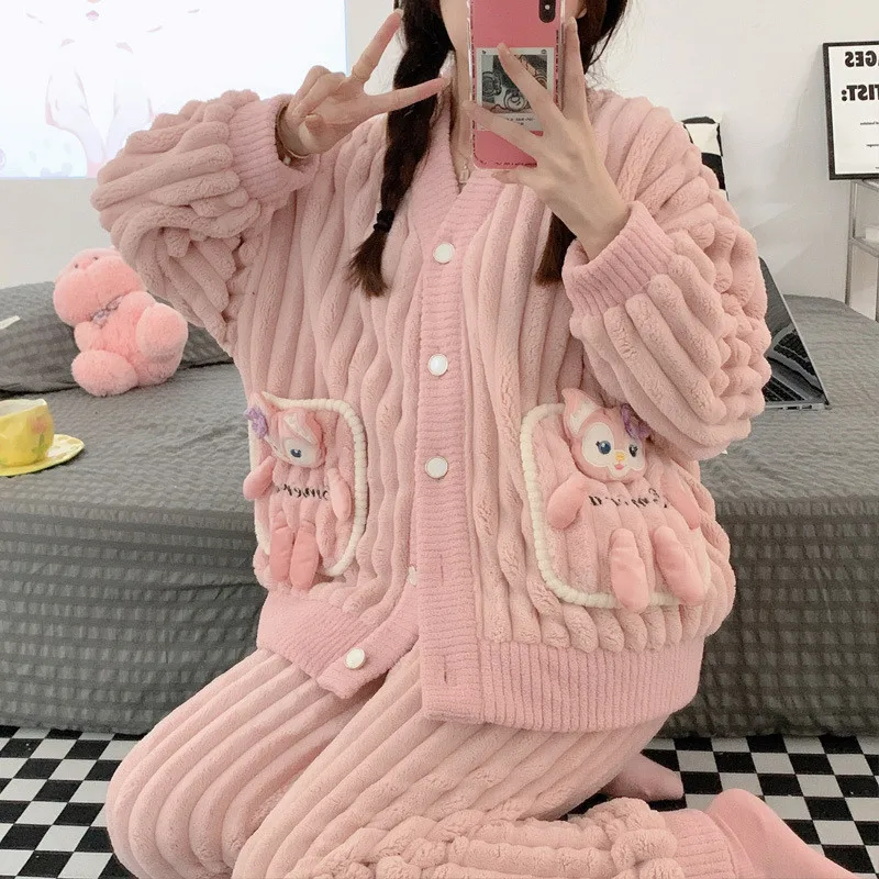 Disney Cartoon Mickey Girl Plush Cardigan Autumn Winter Sweet Cute Long Sleeved Pajama Suit Doll Collar Clothes 2pcs Set Pajamas