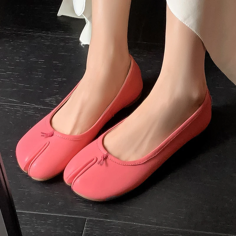 

Solid Color Real Leather Split Toe Flat Walking Shoes Women Round Toe Shallow Mouth Lazy Loafers Spring Summer Ballet Shoes