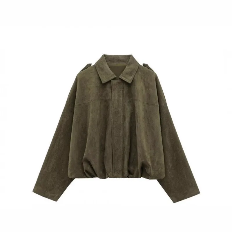 

Women Brown Green Suede Jacket Loose Casual Bomber Coat Lapel Zipper Long Sleeve Jackets Vintage Lady Motorcycle Outwears