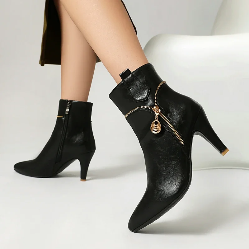 Big Size 45 46 47 Pointed Toe Mature Ladies Short Botines Spike High Heels Women Ankle Boots Zip Classic Winter Stiletto Shoes