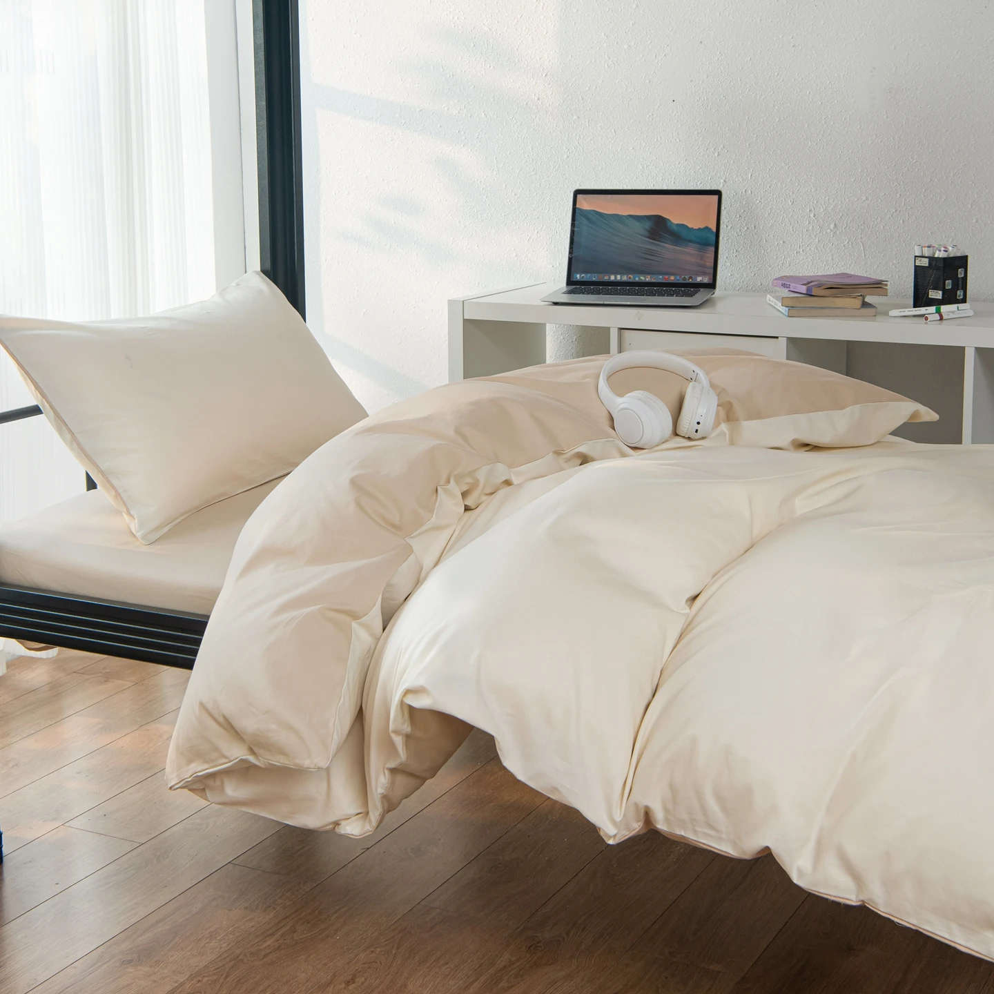 Minimalism Solid color Bedding Set, 100% Cotton 3pcs Set Single Size, Back to School Season for Student Dormitory Decoration