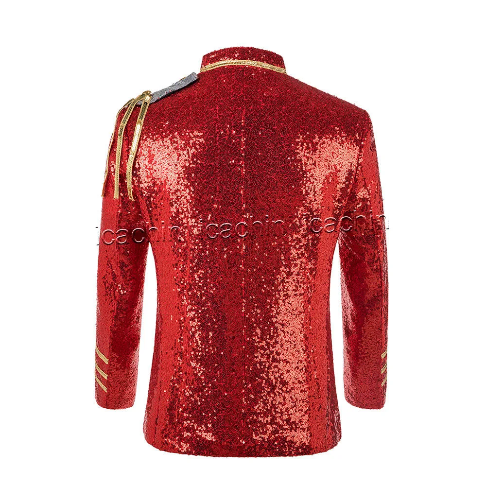 Men Red Sequin Blazer Jacket Stage Costume MJ Uniform Bleazers Para Hombre with Chains