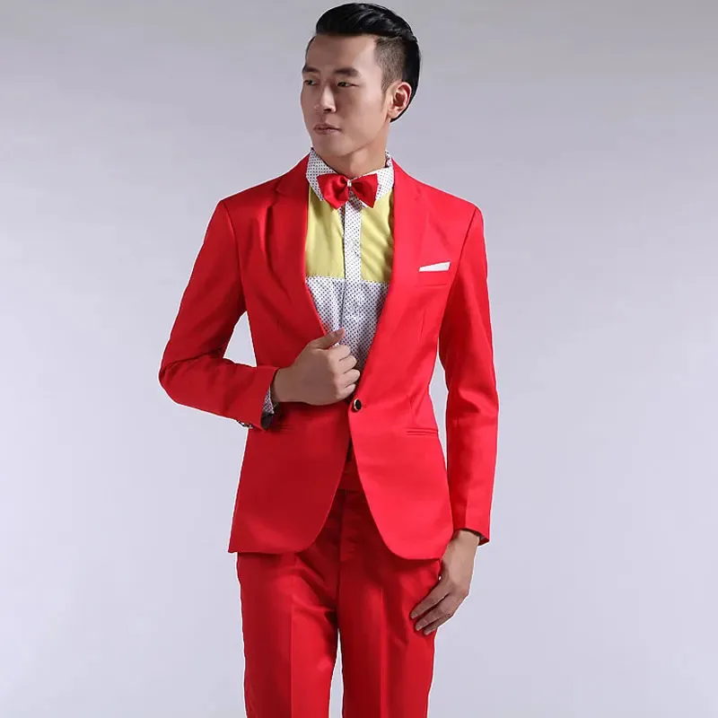 Traje para hombre, nuevos trajes de manga larga para hombre, pantalones, esmoquin teatral, boda, graduación, rojo, amarillo, azul, ropa Formal Regular
