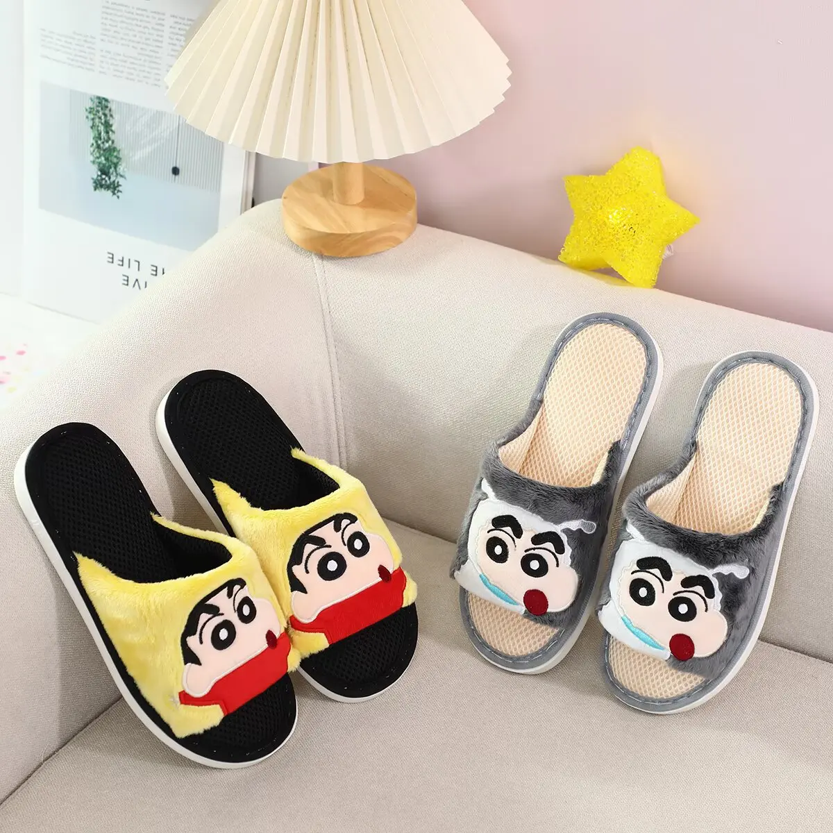 Crayon Shin-chan Open-Toe Slippers Women Cartoon Mesh Breathable Slippers Cozy Plush House Shoes Female Bedroom Cute Flat Slides