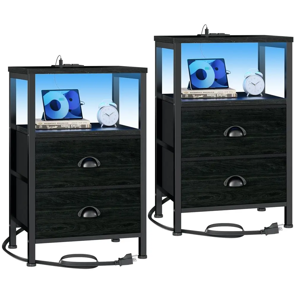 

Nightstands Set of 2, End Tables with Charging Station and LED Lights, Black Night Stands with 2 Fabric Drawers, Bedside Tables
