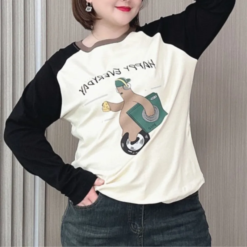 Spring And Autumn Long Sleeve T-shirt Women 2024 New Plus Size Loose Thin Casual Printed Top