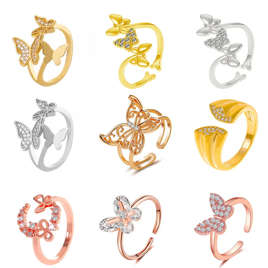 New Three Rings Women's Instagram Style Creative Design Copper Inlaid Diamond Butterfly Index Finger Ring