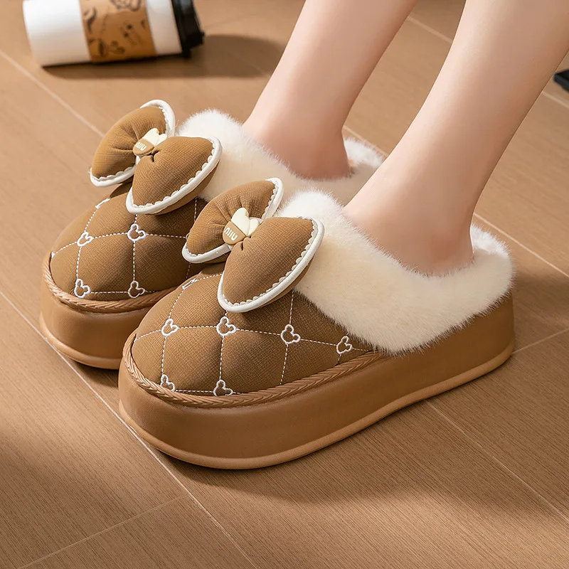 Winter New 6cm Platform Slippers Women\'s Home Shoes Waterproof High Heels Fur Mules Female Fashion Warm Furry Outdoor Slippers