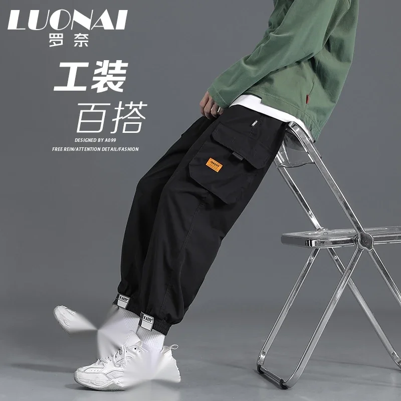 

Autumn and winter black functional multi pocket leggings for men and teenagers, thickened and loose casual pants trend