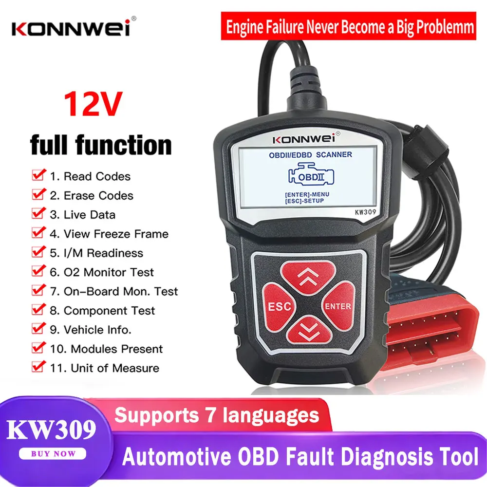 KONNWEI KW309 12V Car OBD2 Fault Diagnostic Tool Code Reader O2 Sensor Monitoring Test I/M Readiness Car OBDII Scan Tool