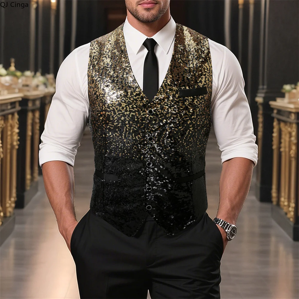 Men's Sequined Vest,adorned with Black and Gold Sequins,suitable for Business Leisure,formal/wedding,and Fashionable Party Vests