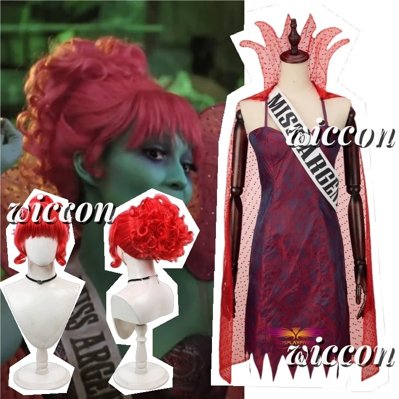 Movie Juice2Beetle Miss Argentina Red Dress Cosplay Costumes Suit Red Curly Wig Halloween Costumes For Women