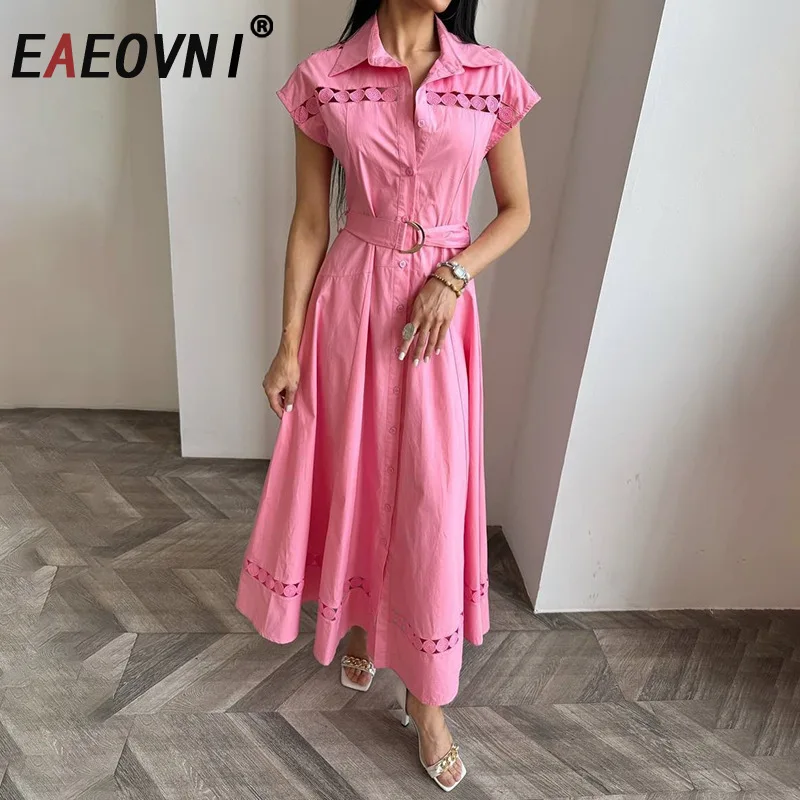 

EAEOVNI, летнее модное женское платье с открытым дизайном, с коротким рукавом и поясом, длинные платья трапециевидной формы, повседневная новинка 2023 года, одежда