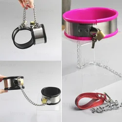 3pcs/Set Stainless Steel Lockable Neck Collar Handcuffs Ankle Cuffs Slave BDSM Shackles Leg Irons Erotic Sex Games for Adults