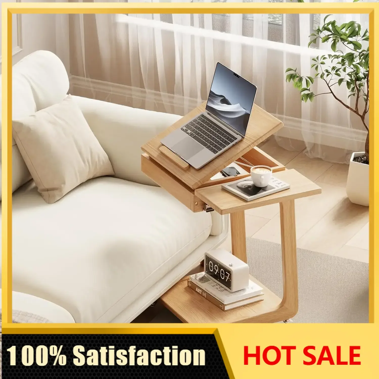 Solid Wood C Shaped End Table for Couch, Oak Couch Desk | C Table with Wheels, Rolling Side Table with Storage, Adjustable