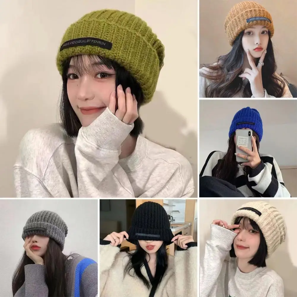 Slouchy Beanie Hat Rolled Edge English Letters Winter Warm Chunky Soft Knit Women Beanie Plush Brimless Hat For Winter Outdoor