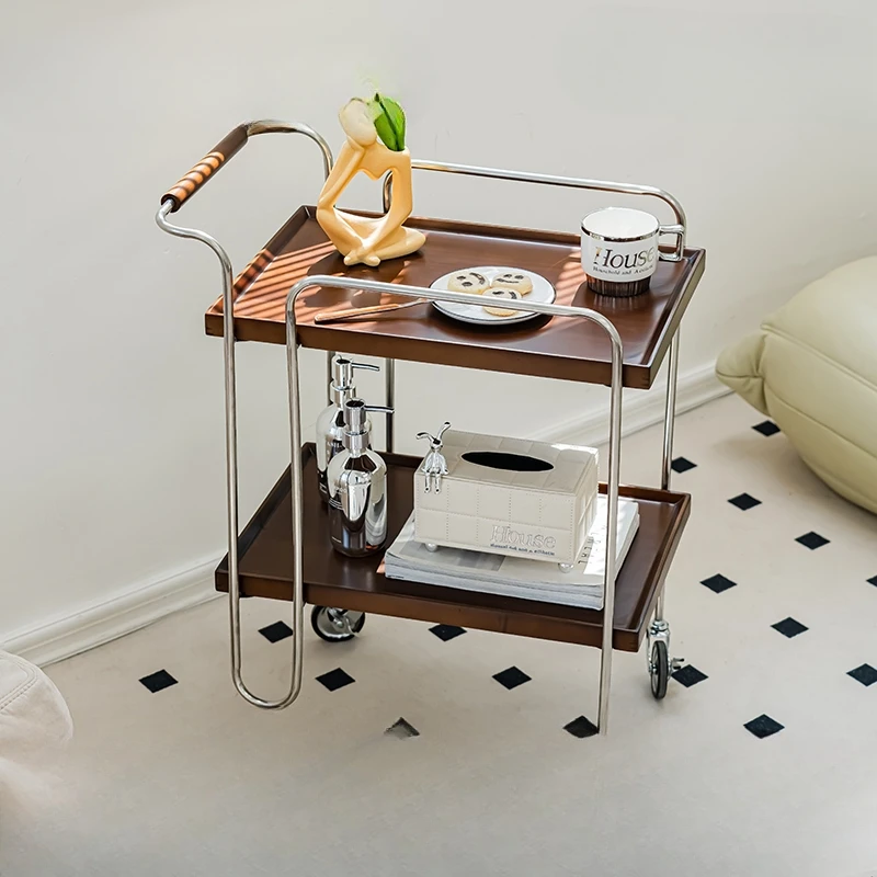 solid wood trolley, living room, stainless steel, light luxury dining cart, household shelf, movable side table