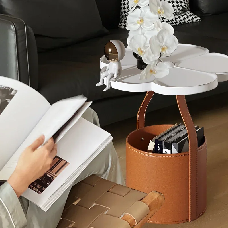 Petal sofa edge Italian light luxury handmade saddle leather storage small coffee table creative high-end storage bedside table