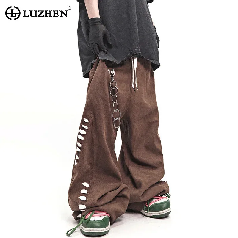 

LUZHEN 2025 Fashion Drawstring Elastic Waist Baggy Wide Leg Casual Pants Men's Streetwear Patchwork Design Male Trousers JY3452