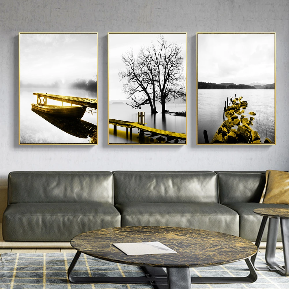 Golden Landscape At Sea Wall Art Poster Prints Modern Abstract Canvas Painting Black and White Picture Living Room Home Decor