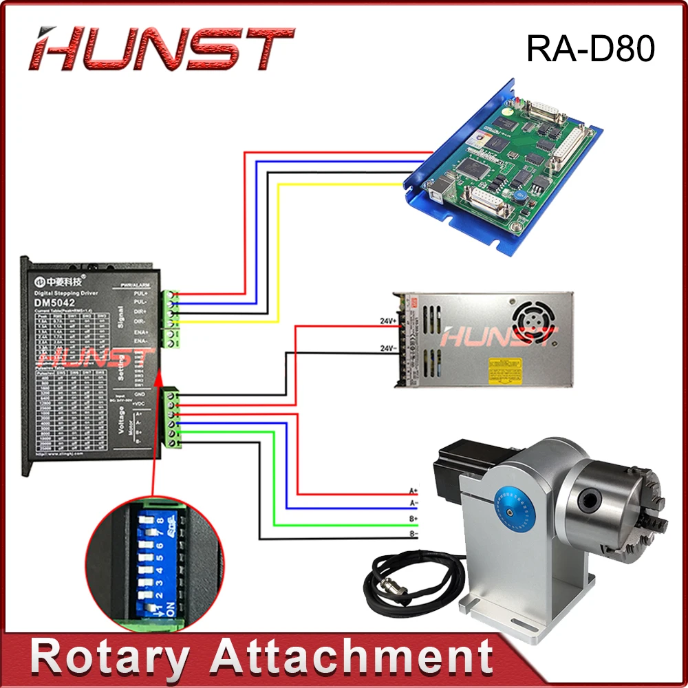 Hunst Rotary Attachment RA-D80A Rotary Device with Three Chuck +DM5042 Driver for UV CO2 & Fiber Laser Marking Machine