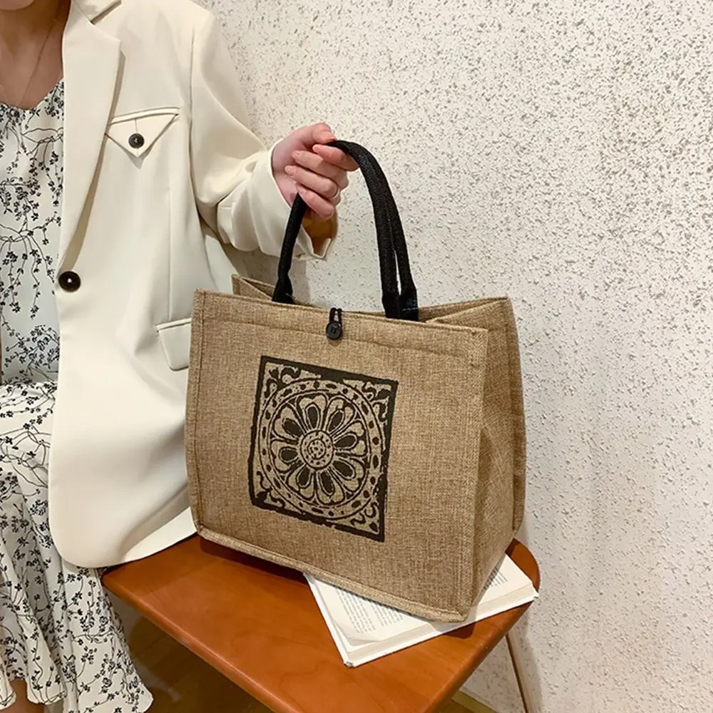 Korean Style Linen Bag All-match Outdoor Geometric Printing Handbag Women Tote Bag Large Capacity Bag Bohemian Shoulder Bag