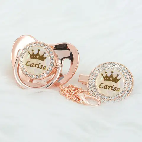 MIYOCAR Personalized name bling  rose gold crown pacifier and pacifier clip  set BPA free dummy bling unique design