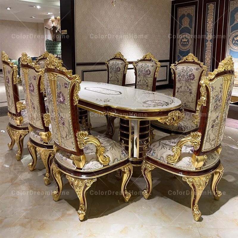 Luxury Gold Furniture European Villa Dining Room Furniture Antique Wood Carved Table Royal Dining Table With Chair