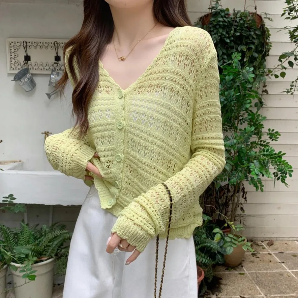 

Новый ажурный вязаный кардиган, тонкие солнцезащитные топы с длинными рукавами и v-образным вырезом, повседневная верхняя одежда для женщин