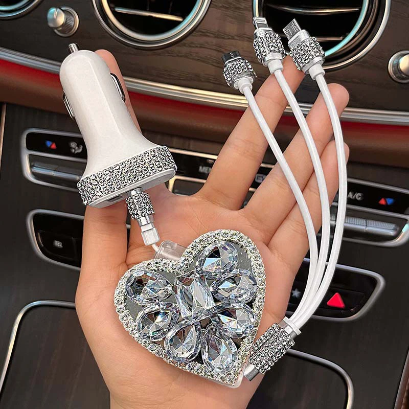 Bling Diamond Shining 3 In 1 Retractable Data Cord Micro USB Type-C Charger Cable Universal Mobile Phone Fast Charger Wire