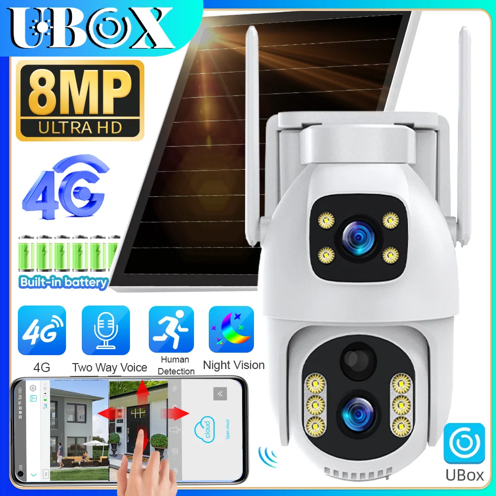 

Ubox Camera 4G LTE Solar Camera 4K 8MP Dual Screens Outdoor Surveillance Cameras PIR Human Detection Auto Tracking Night Vision