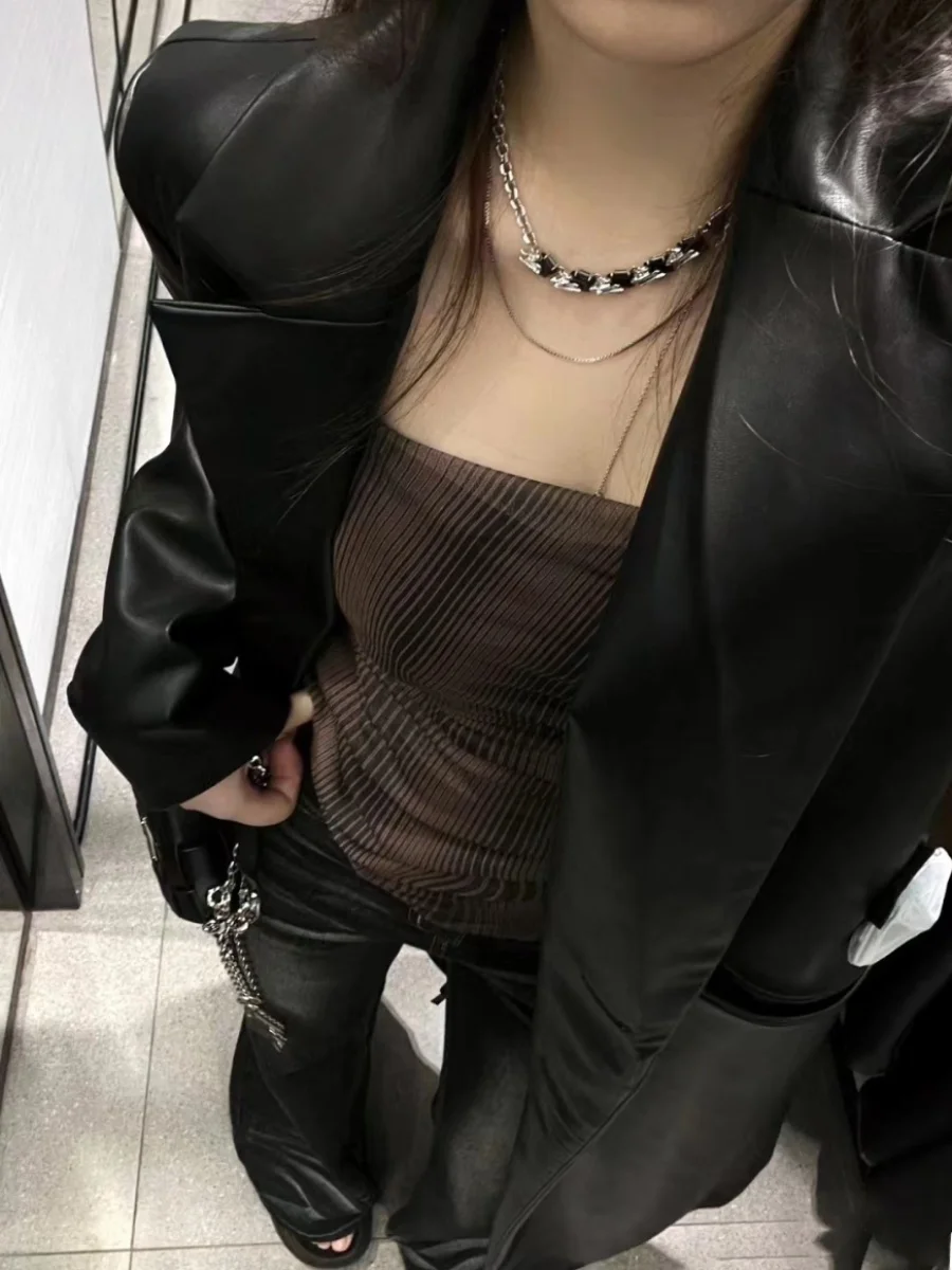 Bla Long Lapel Faux Leather Coat Women's Commute Sle Outerwear Autumn Winter New Arrival Ele Straight Cut PU Material