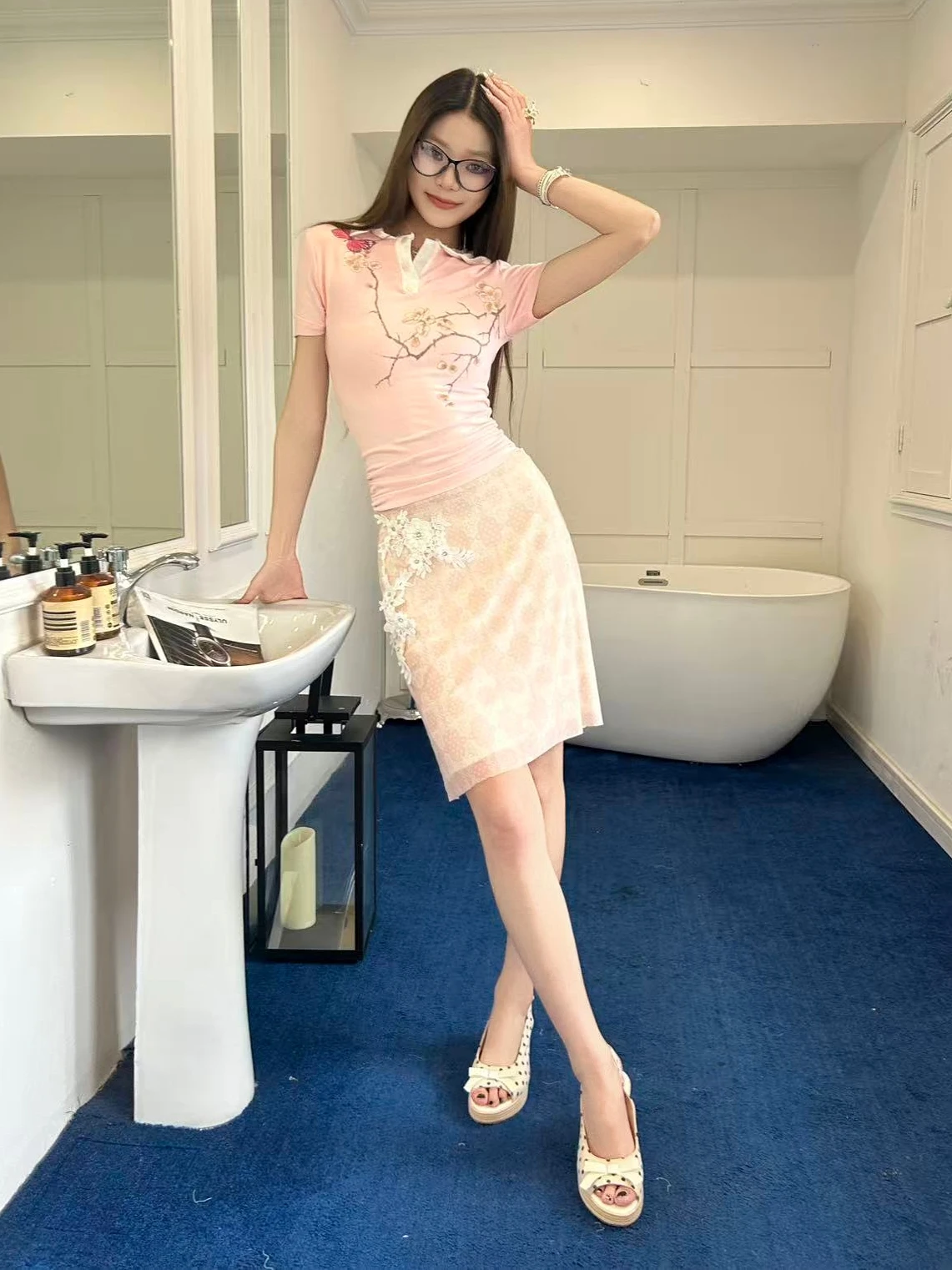 

Pink Slim Fit Short Sleeve Print Dress Bodycon Style Polyester Fiber Breathable Comfortable Business Casual Dress