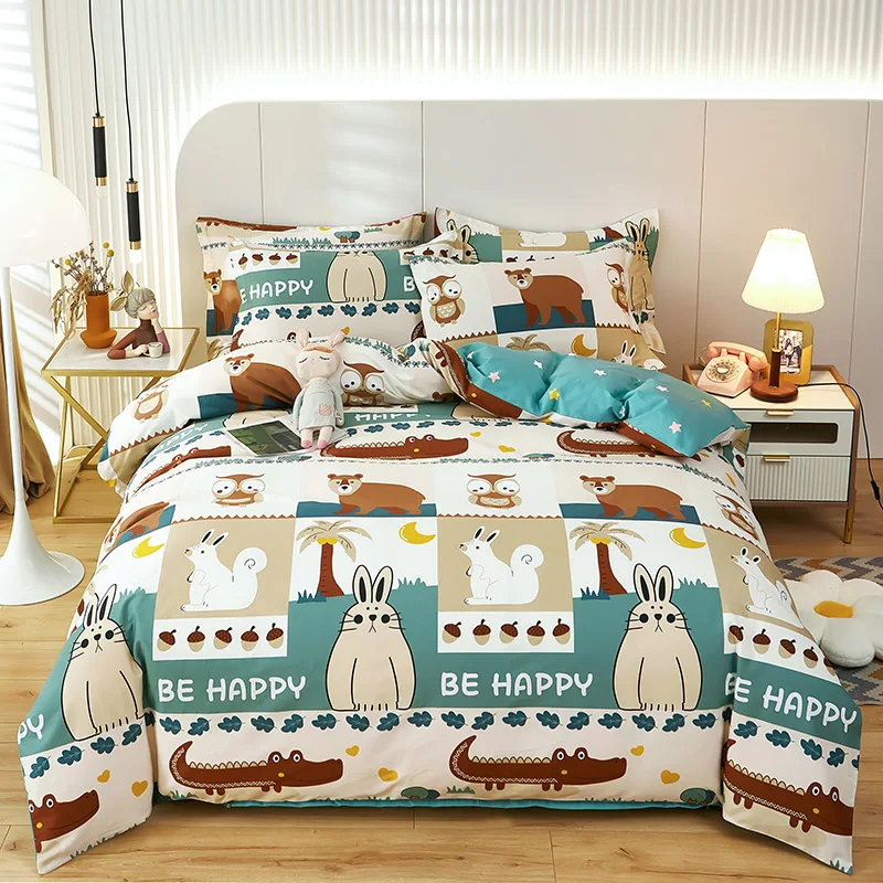 

Cartoon Animal Duvet Cover for Boys Girls Bedroom Cotton Comforter Cover for King Size Bed Rabbit Bear Owl Printed Bedding Set