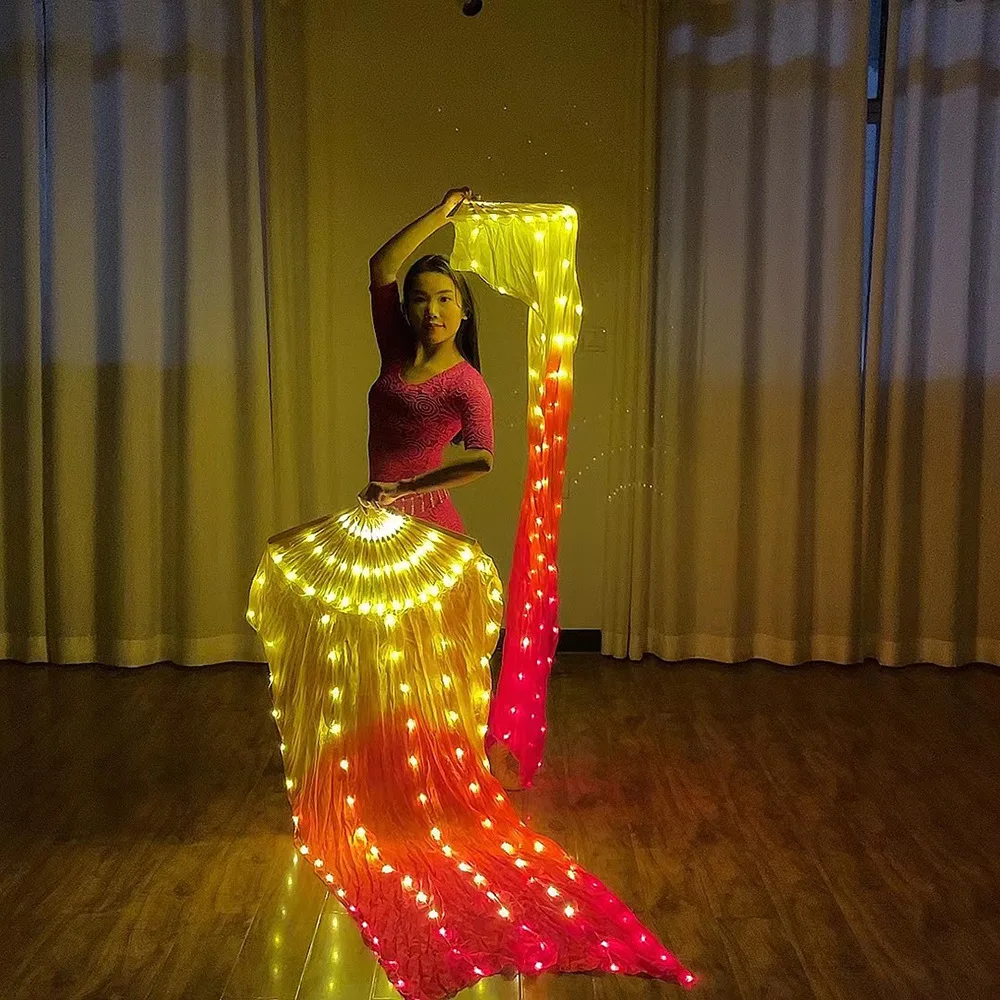 Velo de ventilador de seda Led para danza del vientre, accesorio de 180cm de largo, rojo y amarillo, para práctica y actuación en escenario