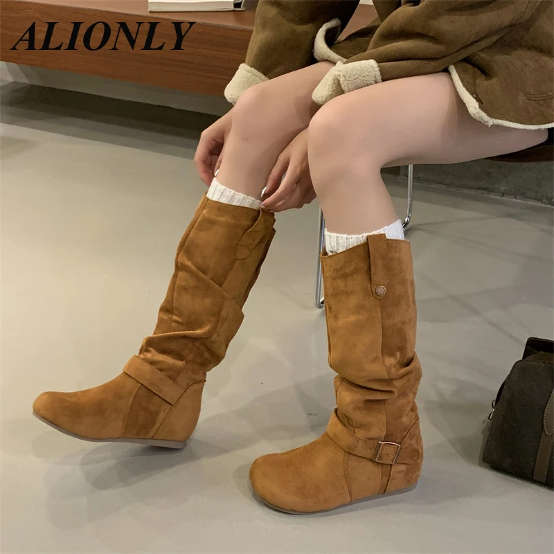 

Alionly 2026 New Winter Punk Pointed Toe Knee High Women Boots Thin Heels Shoes Female Vintage Long Booties Zapatos De Muje
