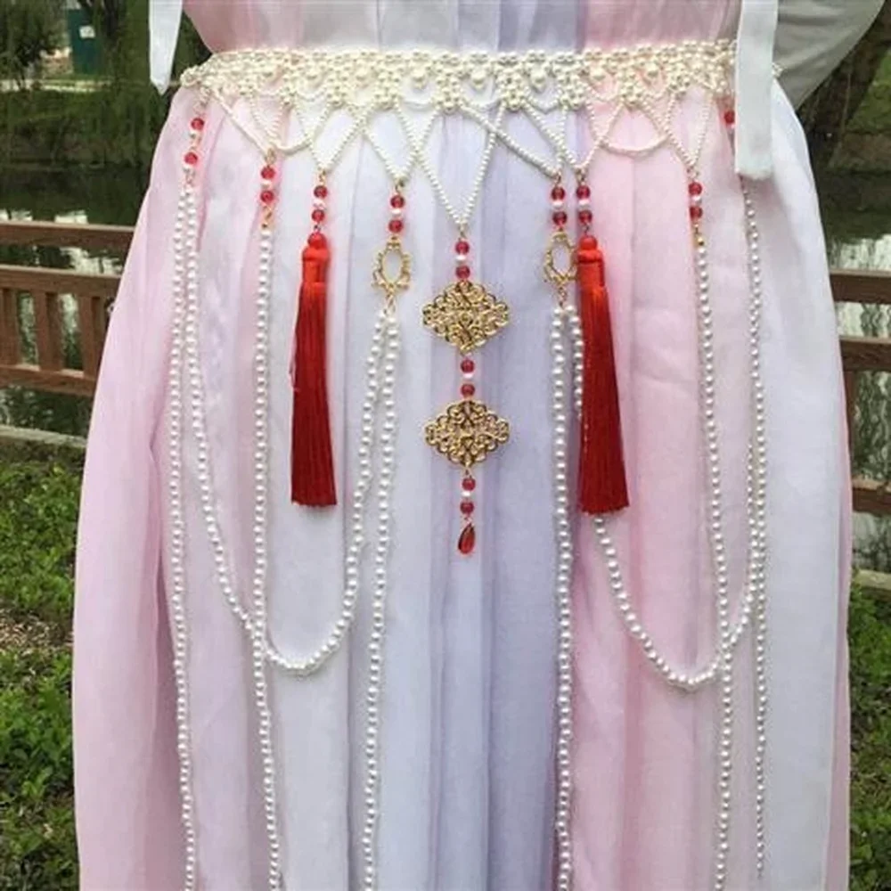 Joyería antigua, disfraz antiguo Hanfu, cadena de cintura larga, cintura blanca perla, estilo Tang, cuello sin mangas, falda de cintura, accesorios para mujer