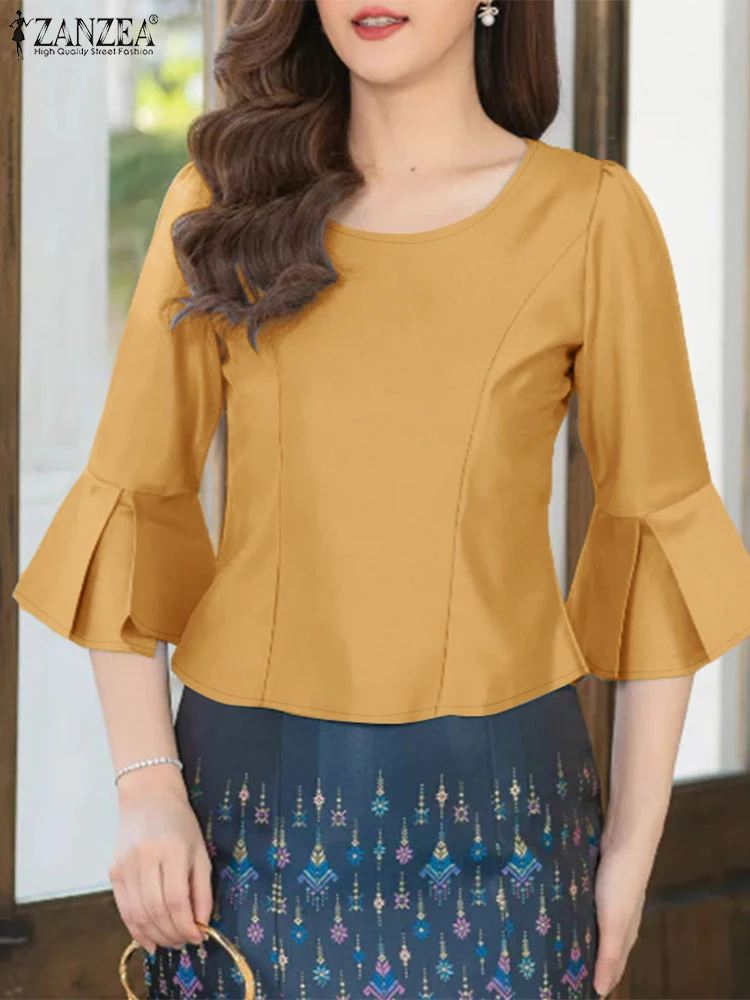 بلوزات ZANZEA 3/4 بأكمام مضيئة ورقبة دائرية بلوزات نسائية للتنقل للربيع والصيف بلوزات أنيقة من الساتان اللامع بلوزات ضيقة #2