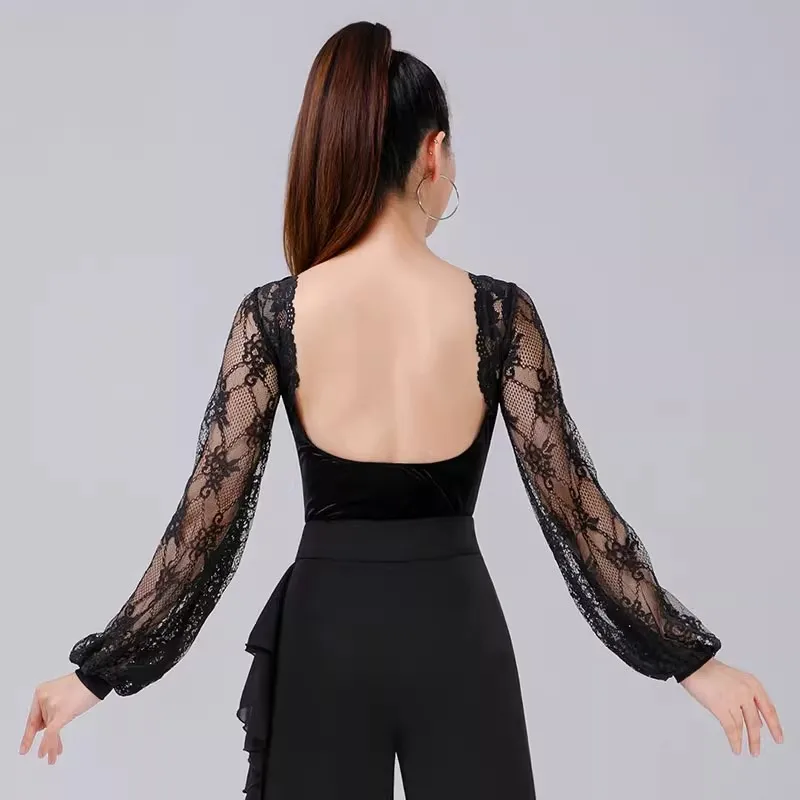 New Latin Dance Top Women Performance Lantern Sleeved Ballroom Leotard Clothes  Velvet Backless Modern Waltz Bodysiut  Costumes