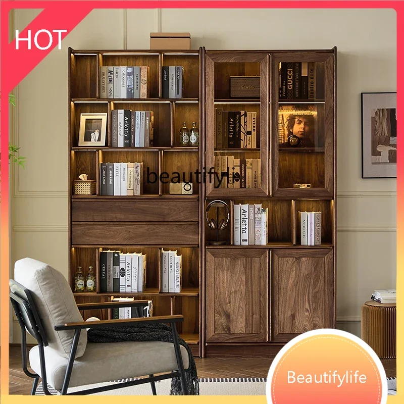 A07 YYNorth American black walnut combination bookcase household light luxury living room open storage, locker