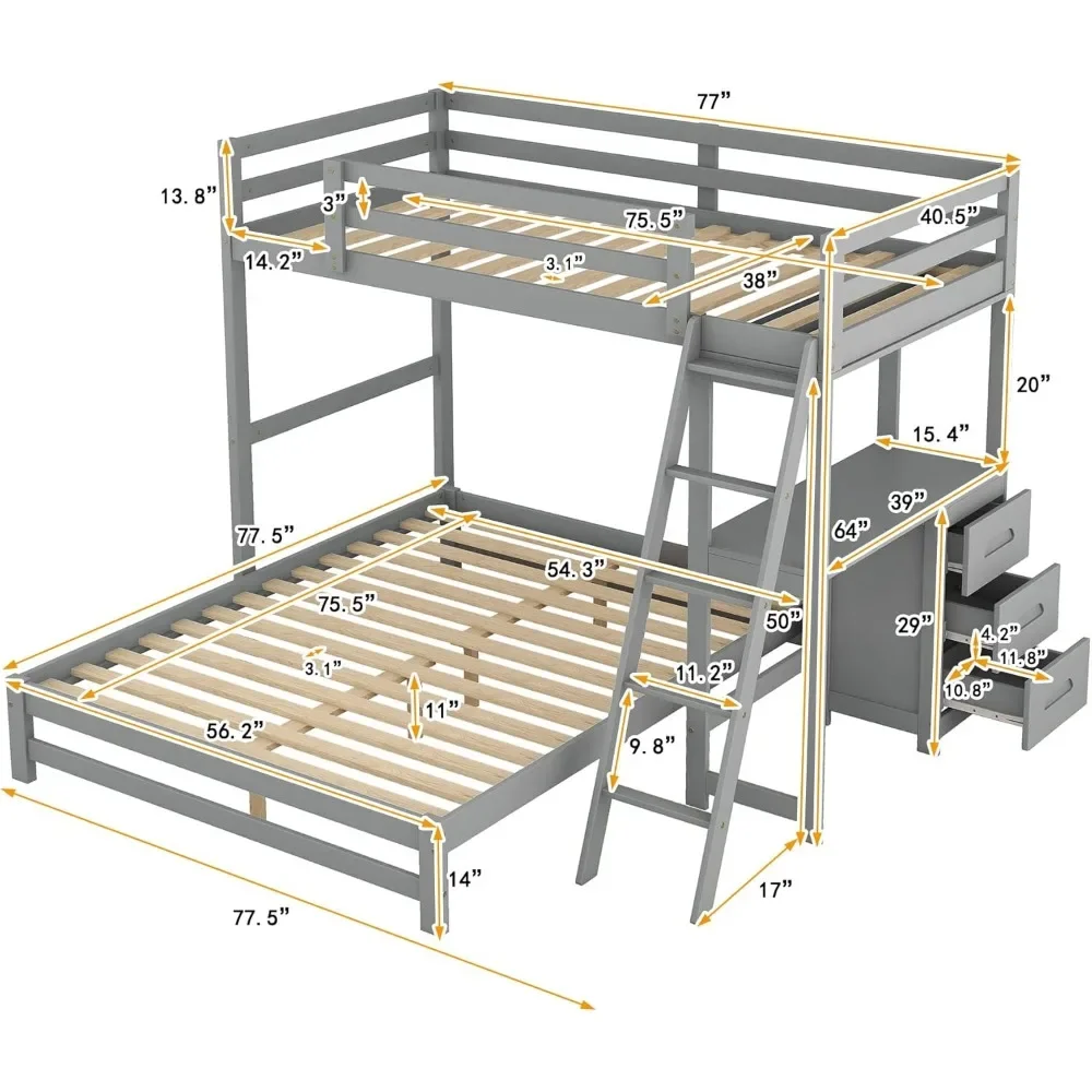 Bunk Bed, with Built-in Desk,Three Drawers and Angled Ladder ,for Family, Teens, No Box Spring Needed,Solid Wood Bunk Beds