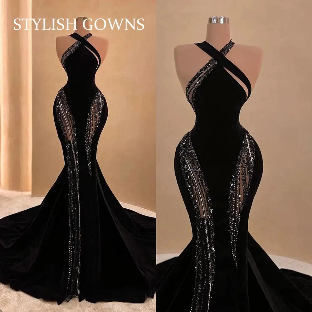 2025 Classic Black Women's Mermaid Modern Evening Dresses Halter Neck Customized Prom Gowns Beaded Vestidos De Customized