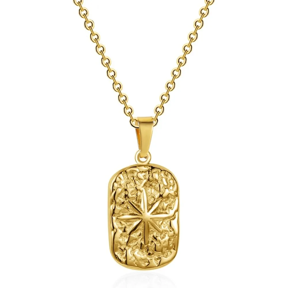 Hammered Finish Stainless Steel Pendant Necklace Silver Color With Chain Eight Point Star Pendant Non Fading