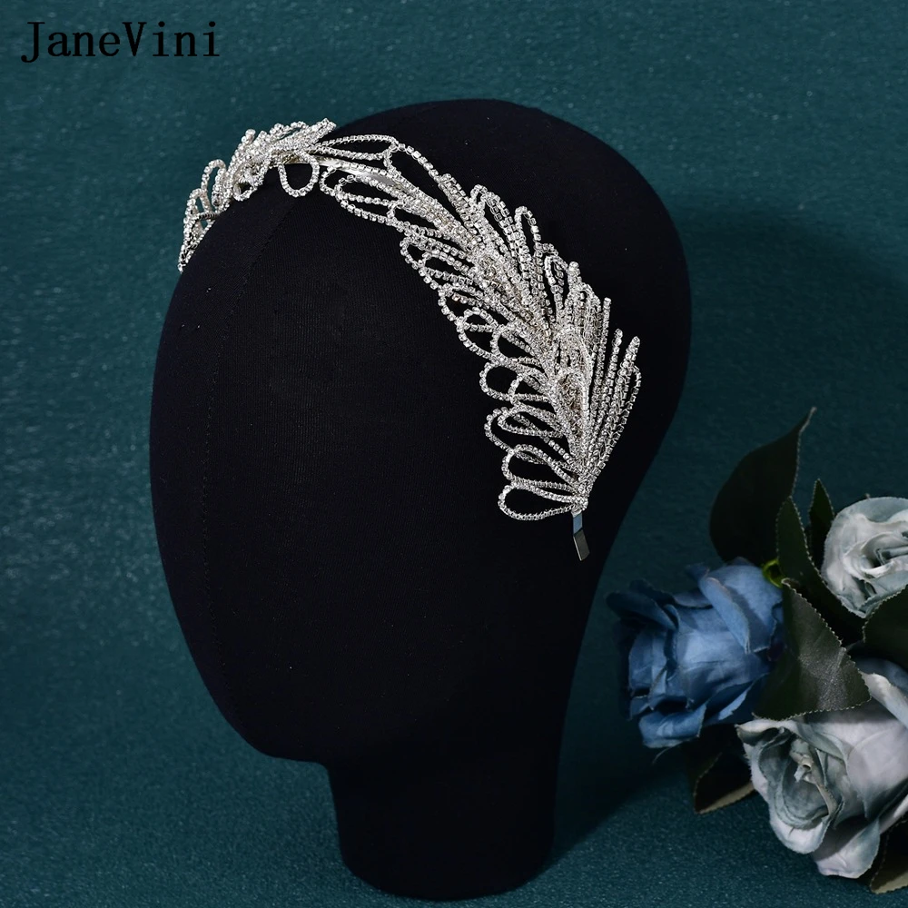 JaneVini Luxury Silver Diamond Bridal Jewelry Leaf Headband Wedding Hair Tiaras Accessories for Women Ornaments Bride Headpiece