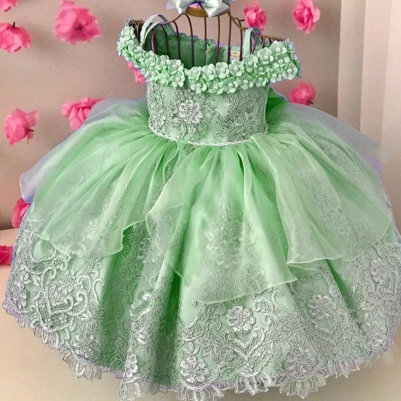 Sky Blue Flower Girl Dresses Lace Tulle Floral Beaded With Big Satin Bow Fit Wedding Party Birthday Princess Ball Gowns