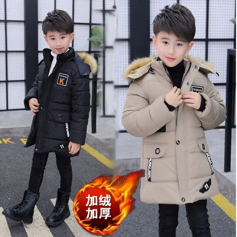 Kids 4-14 Years Boys Hooded Jacket Winter Thicken Keep Warm Fur Collar Zipper Coat Children Fashion Outerwear Christmas Clothing