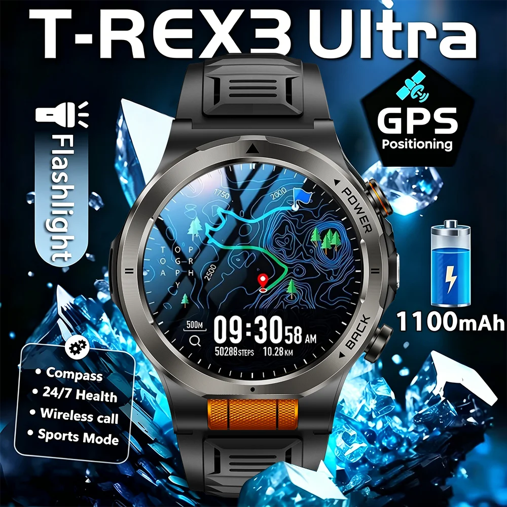Nouvelle Montre Connectée T-Rex3 Pro 2026 avec Batterie 1100 mAh, GPS, Suivi d'Activités Sportives, Étanchéité 5 ATM, Boussole et Fonction Militaire pour l'Extérieur
