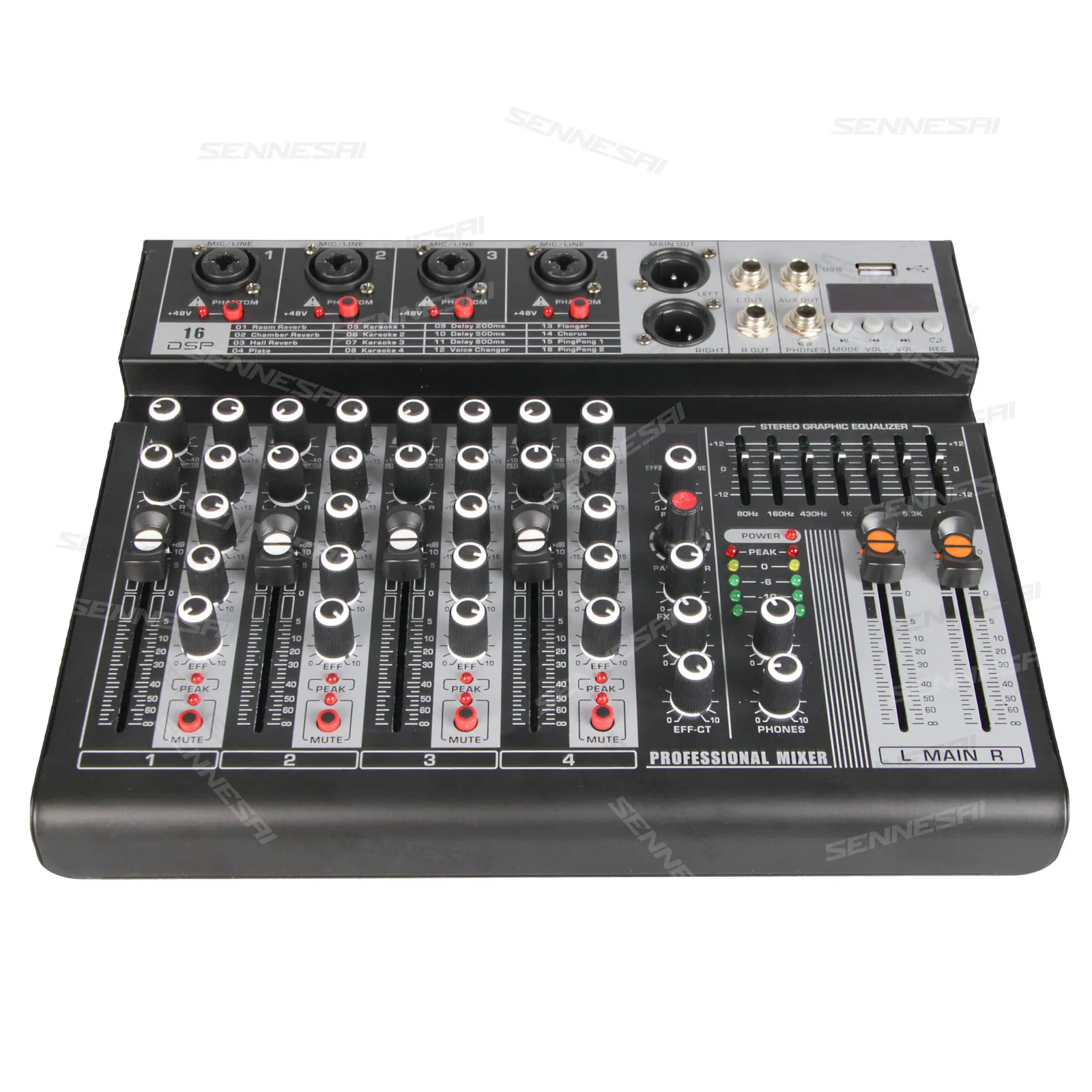 Imagem -03 - Mixer de Áudio Profissional com 16 Efeitos Dsp Interface Usb de Gravação para Palco 7-band Eq48v Phantom Power At6 Canais Canais