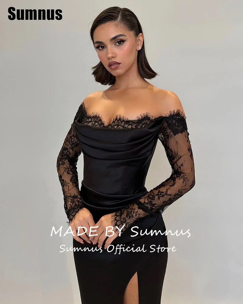 Sumnus sexy preto sereia vestido de baile com renda alta divisão elegante fora do ombro vestidos de noite vestidos formais personalizados